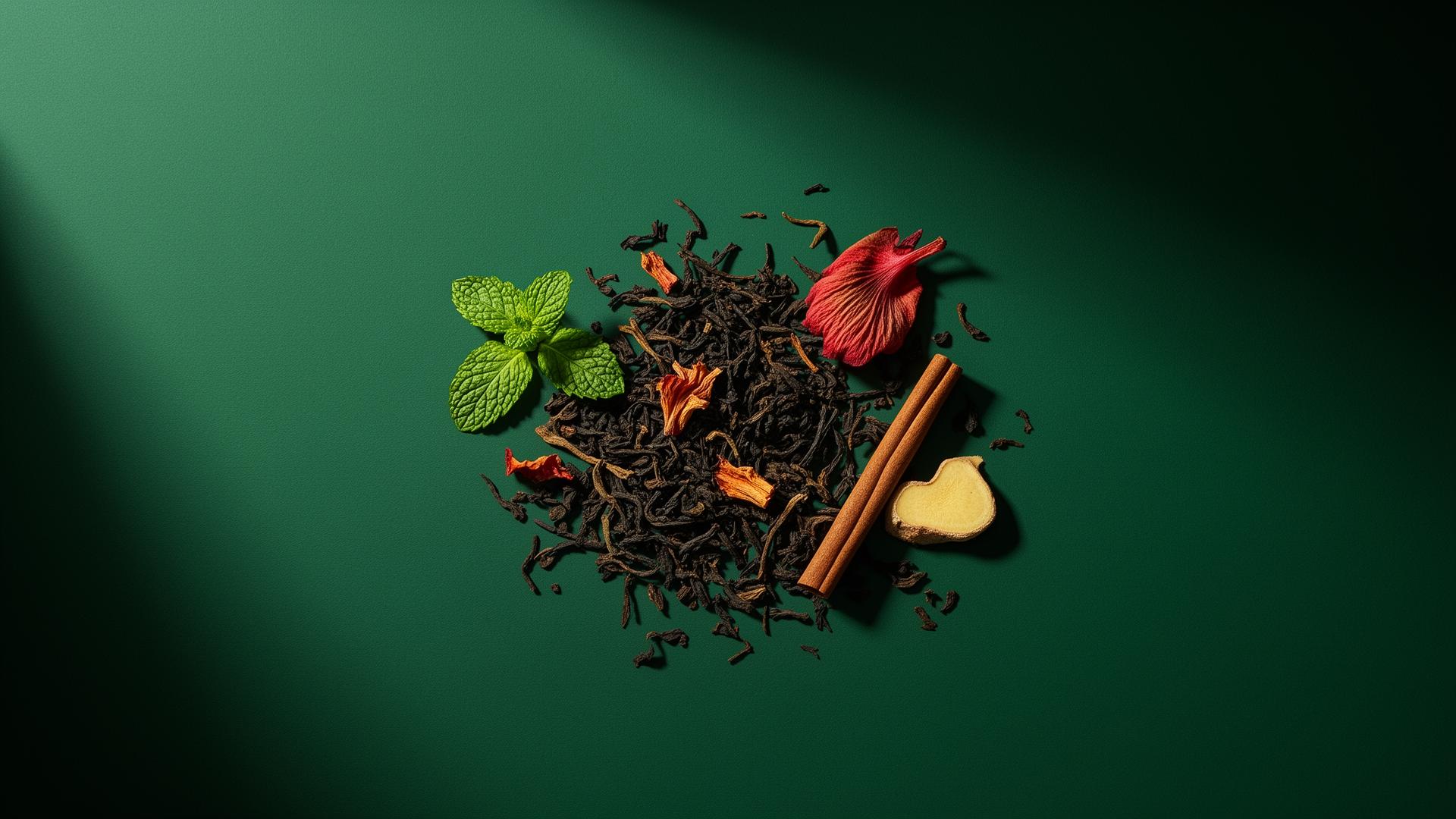 Kenko chamomile tea canister surrounded by chamomile, ginger, mint, lemon and herbs